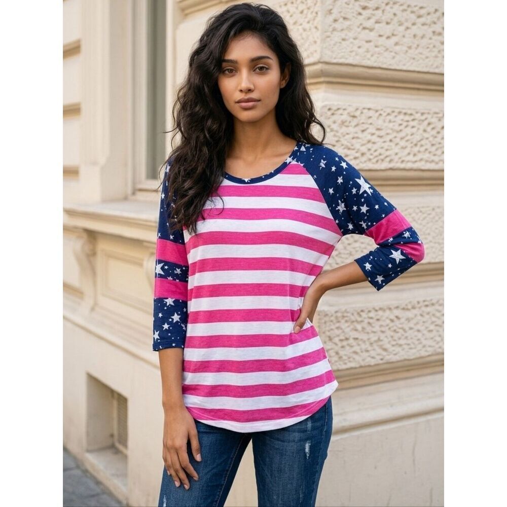Rue21 American Flag Raglan Tee Pink Blue Baseball Shirt L Patriotic Sporty Top